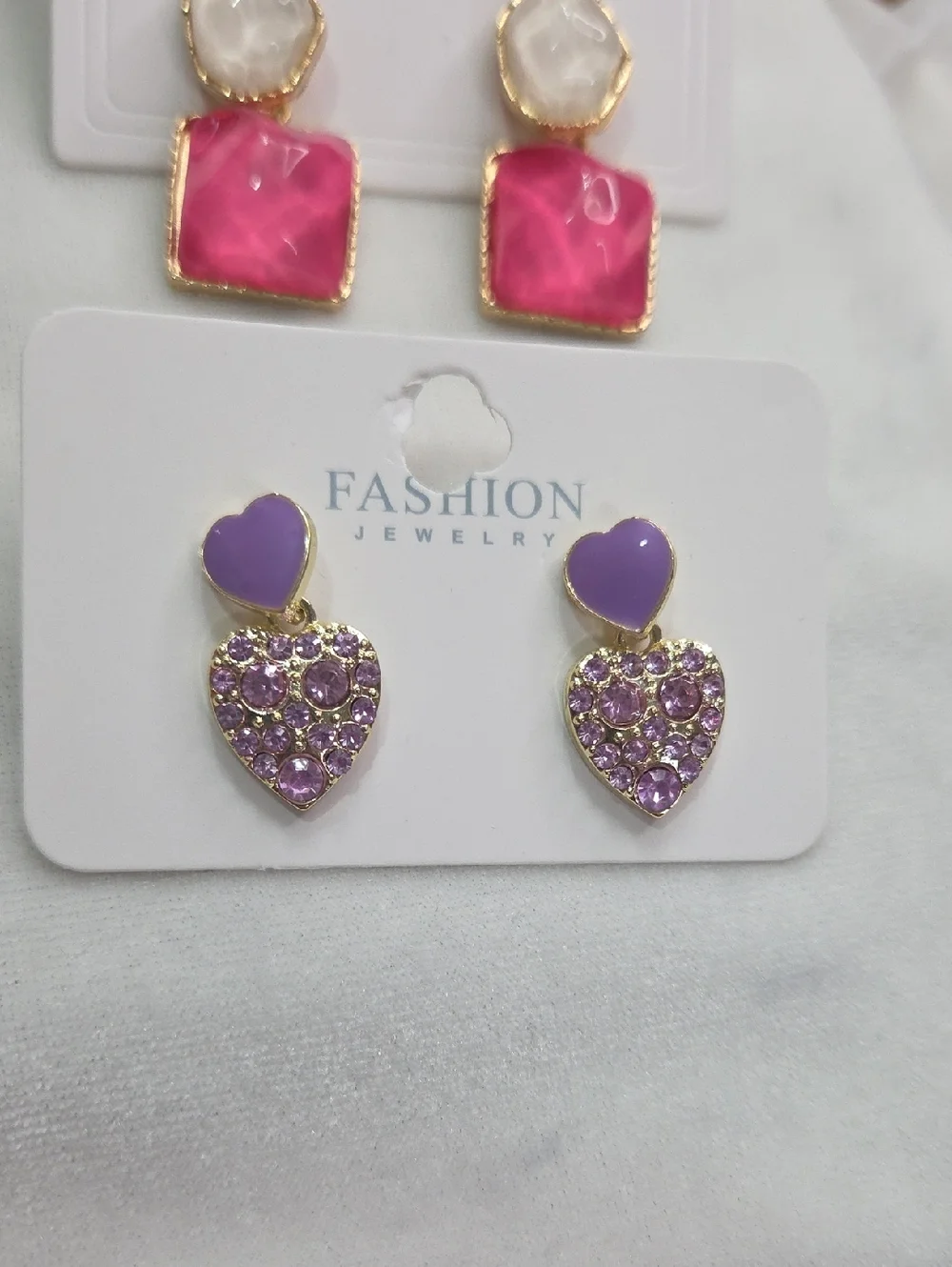Lot of 2 Pairs Pierced Earrings Dangle Pink White Purple Hearts Rhinestones NEW